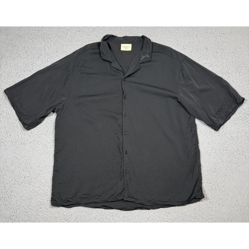 YoungLA Shirt Mens 2XL Black Solid Viscose Short Sleeve Button Up Woven Casual